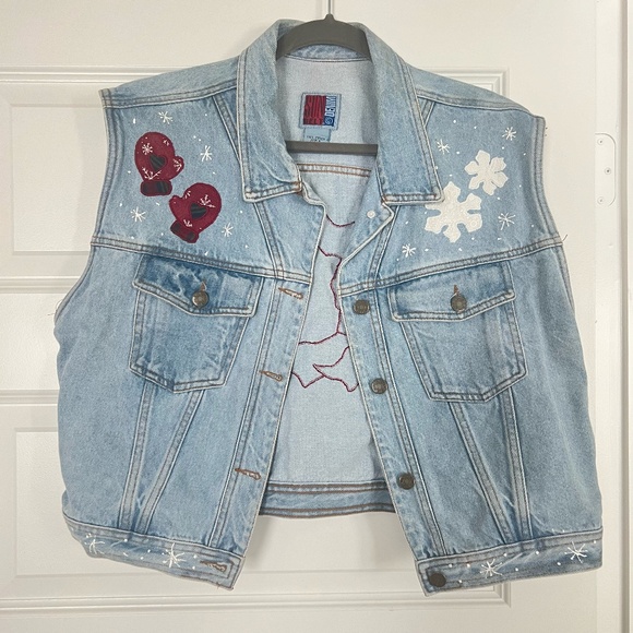 Vintage Snowman Snowflake Christmas Sun Belt Denim Sleeveless Vest - Picture 1 of 8